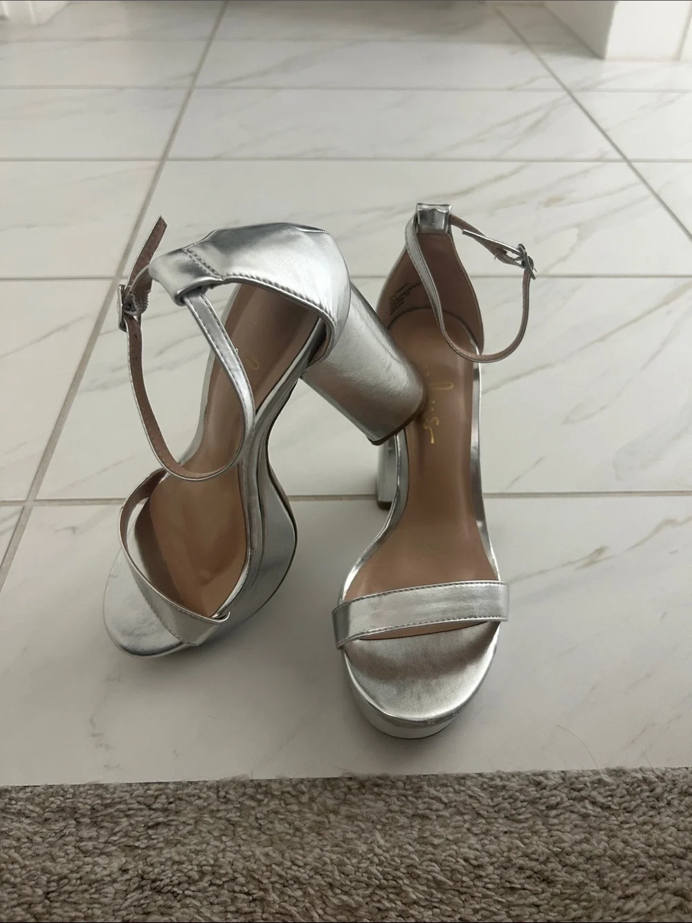 Lulu's Silver Metallic Block Heel Sandals with Ankle Strap
